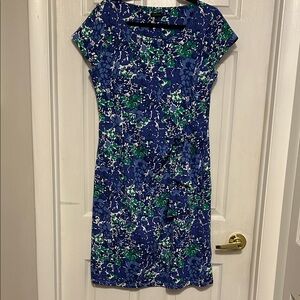 Talbots Blue and Green Floral Cap-Sleeve Midi Dress